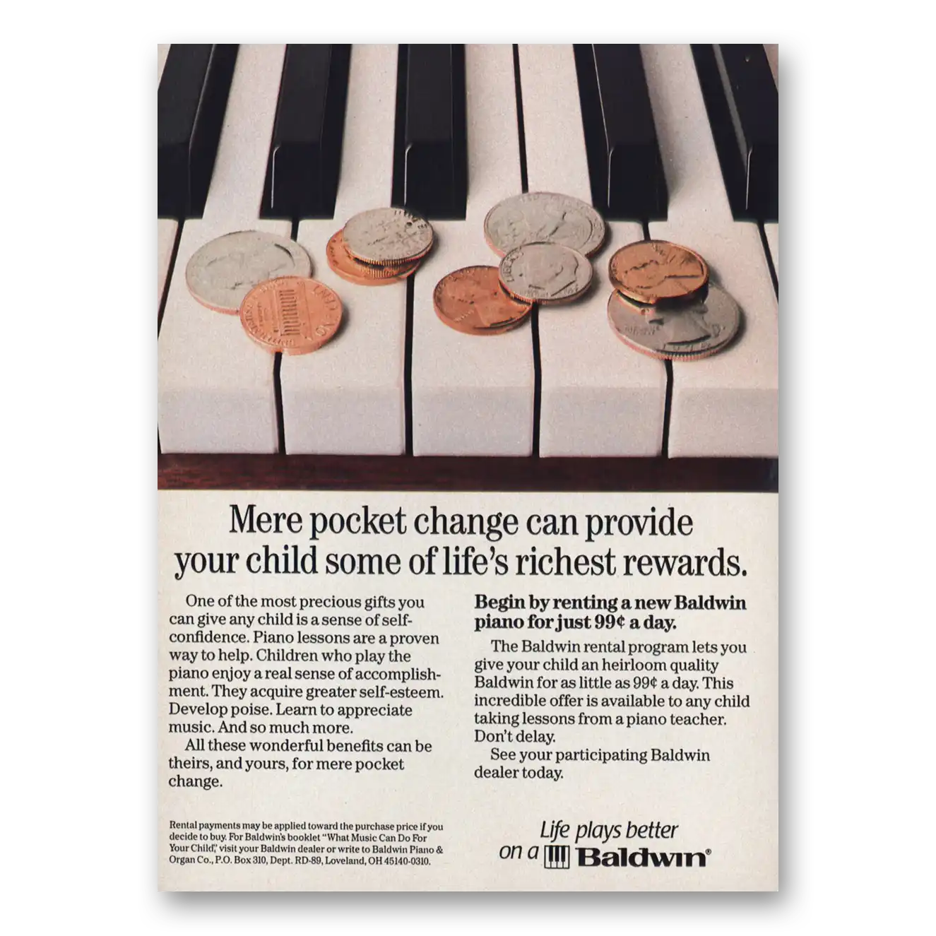 1989 Baldwin Piano Mere Pocket Change Vintage Magazine Print Ad