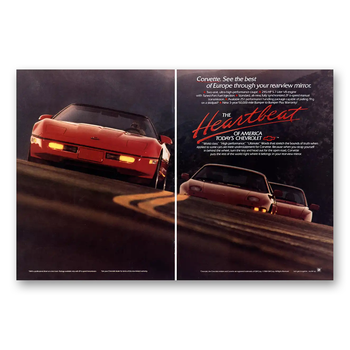 1989 Chevrolet Corvette Best of Europe Through Rearview Mirror Vintage Magazine Print Ad