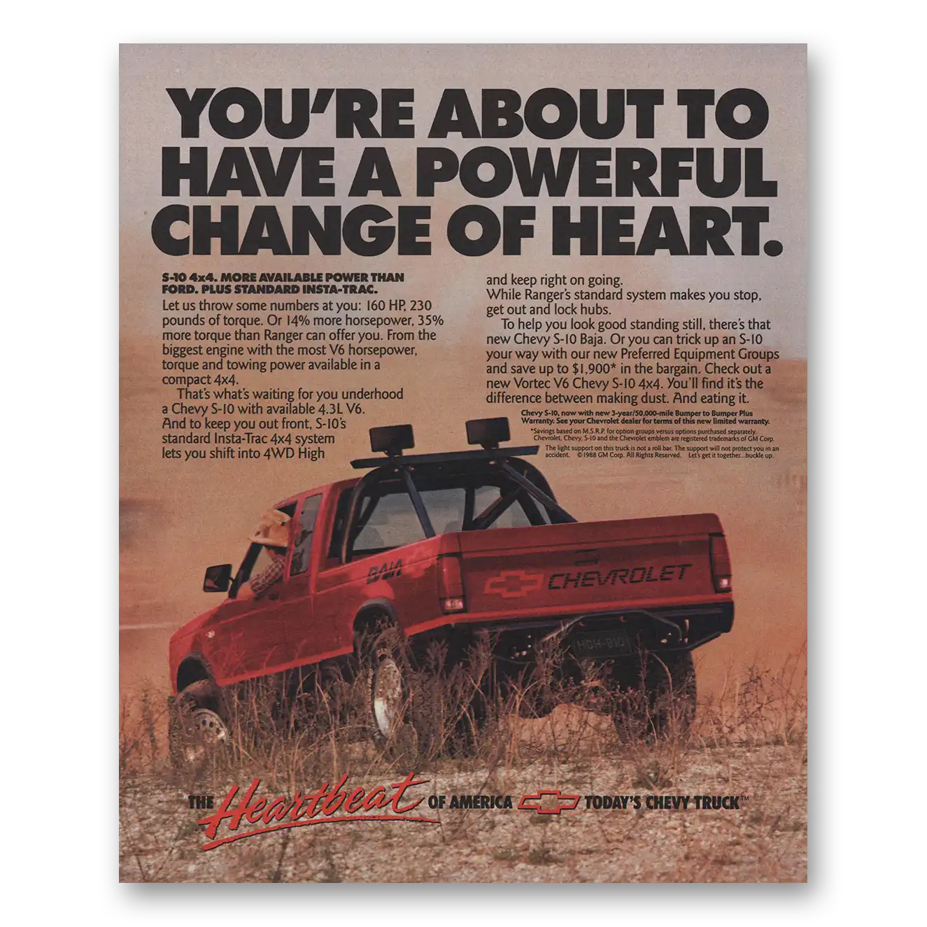 1989 Chevrolet S10 Powerful Change of Heart Vintage Magazine Print Ad