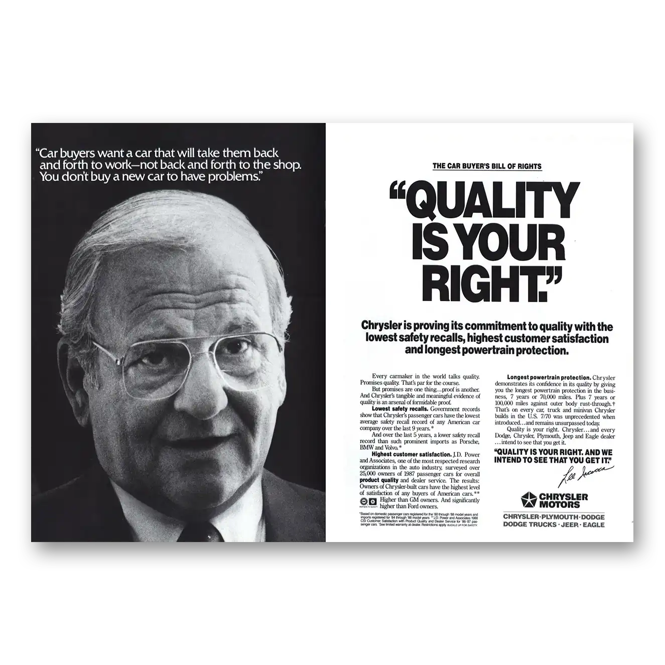 1989 Chrysler Lee Iacocca Quality Is Your Right Vintage Magazine Print Ad