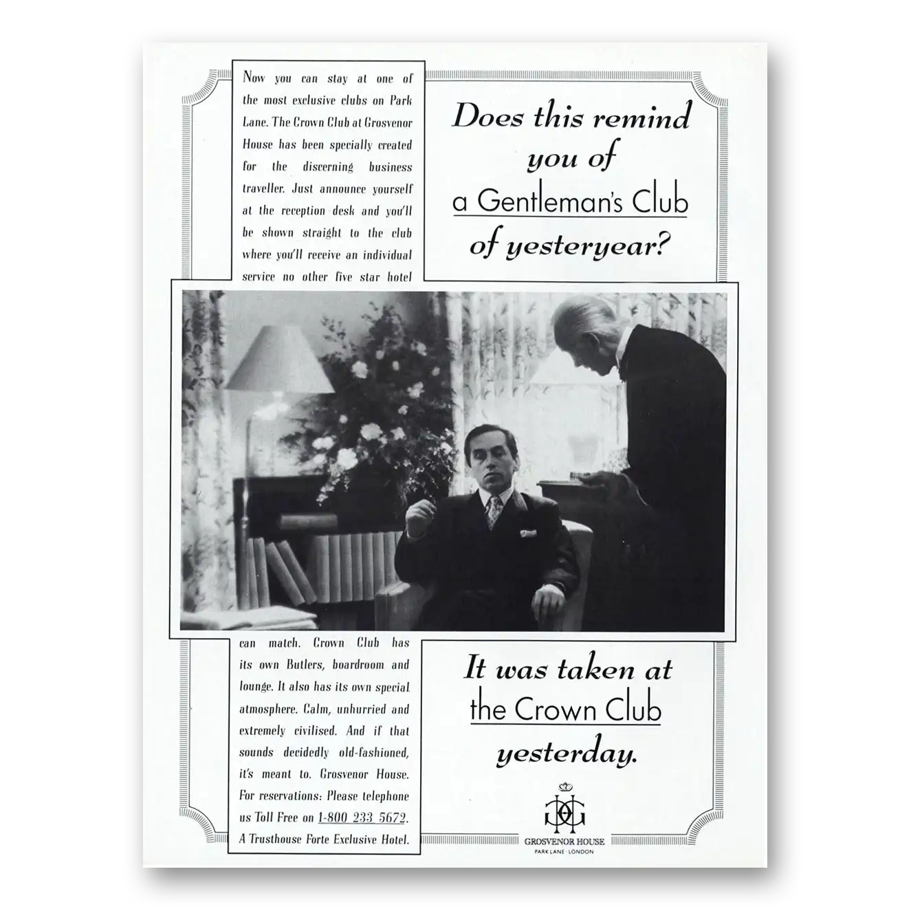 1989 Grosvenor House Crown Club Grosvenor House Gentlemans Club Vintage Magazine Print Ad