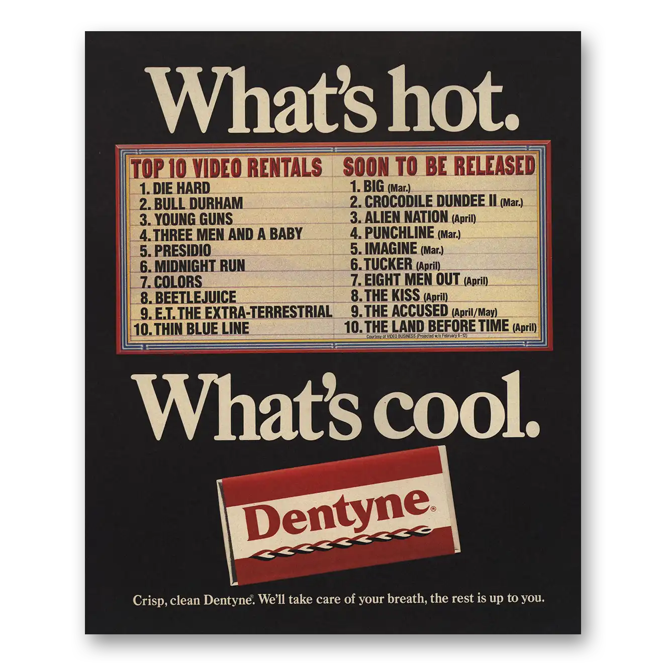 1989 Dentyne Whats Hot Cool Movies Vintage Magazine Print Ad