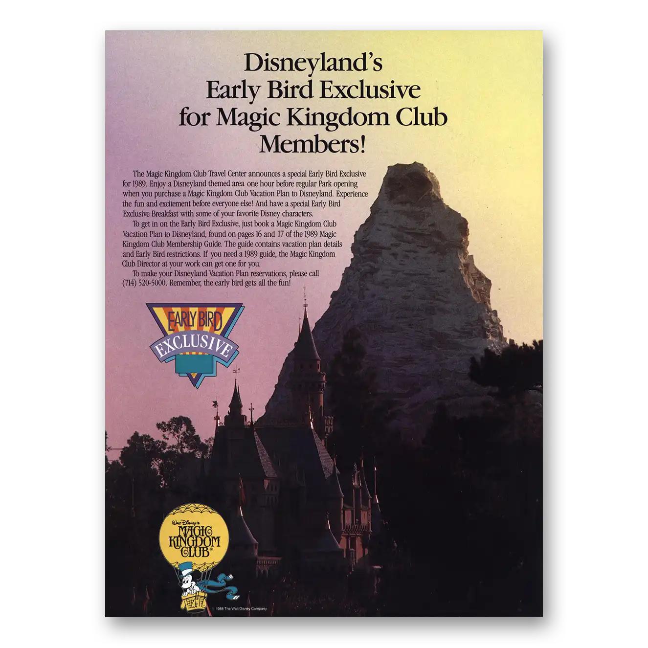 1989 Magic Kingdom Club Disneyland Early Bird Vintage Magazine Print Ad