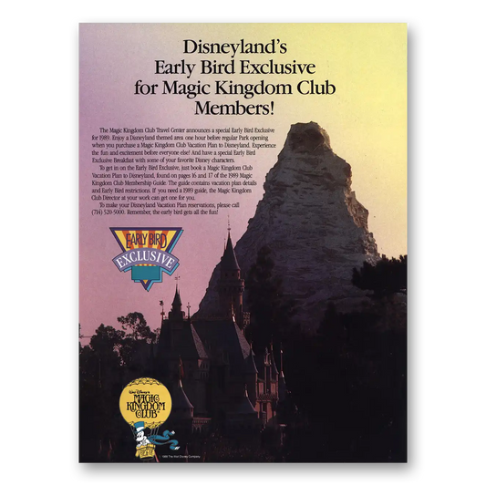 1989 Magic Kingdom Club Disneyland Early Bird Vintage Magazine Print Ad