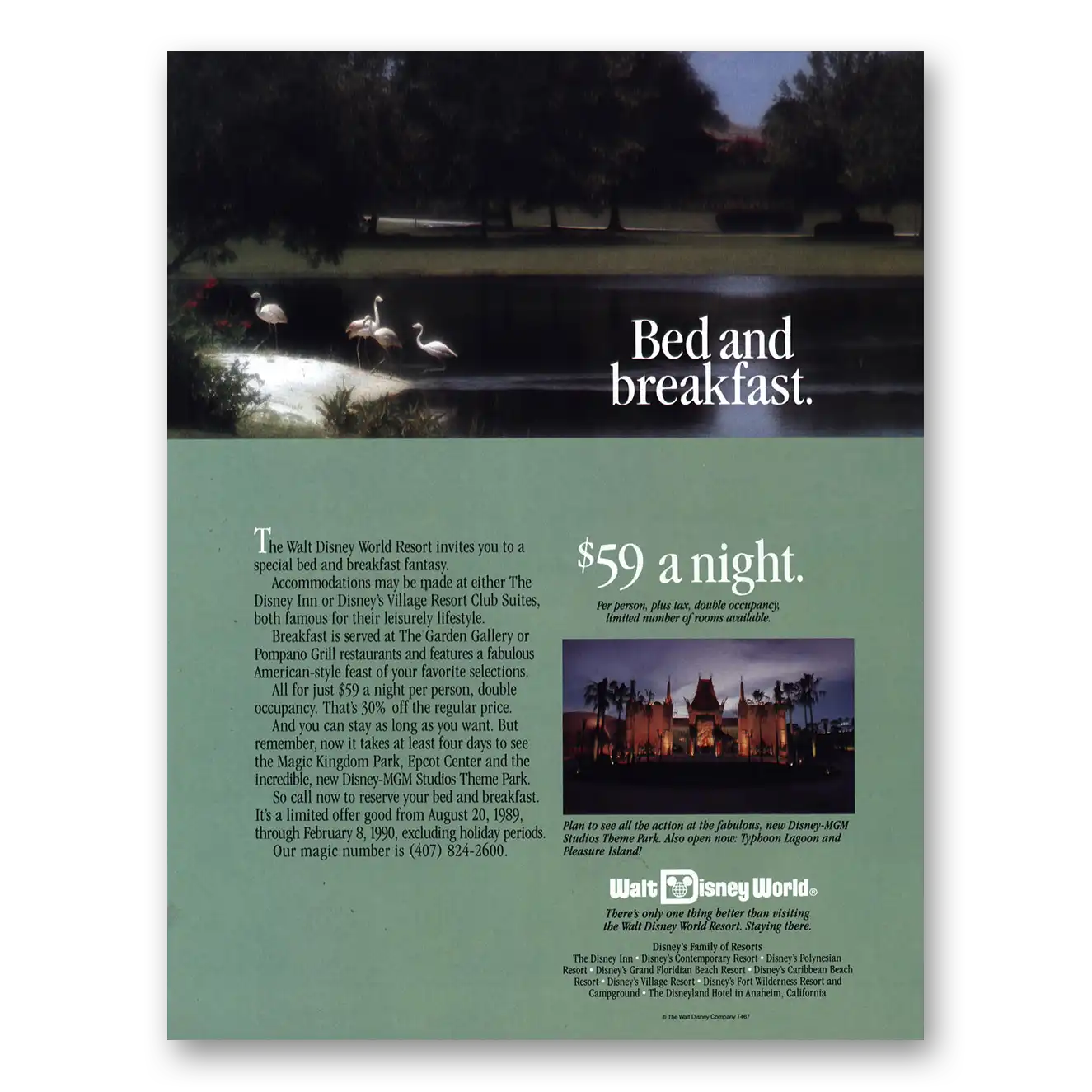 1989 Walt Disney World Bed and Breakfast Vintage Magazine Print Ad