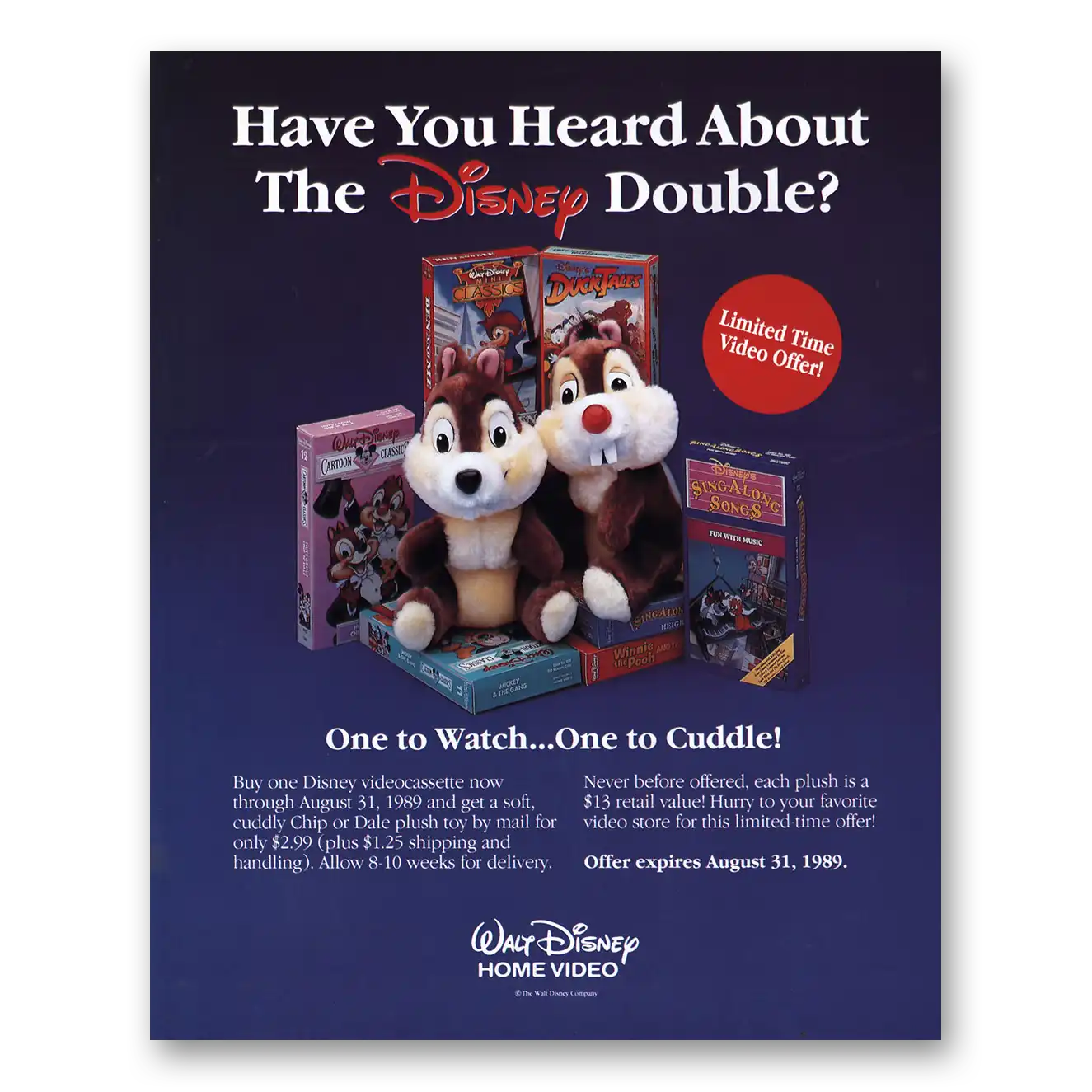 1989 Walt Disney Home Video Disney Double Vintage Magazine Print Ad