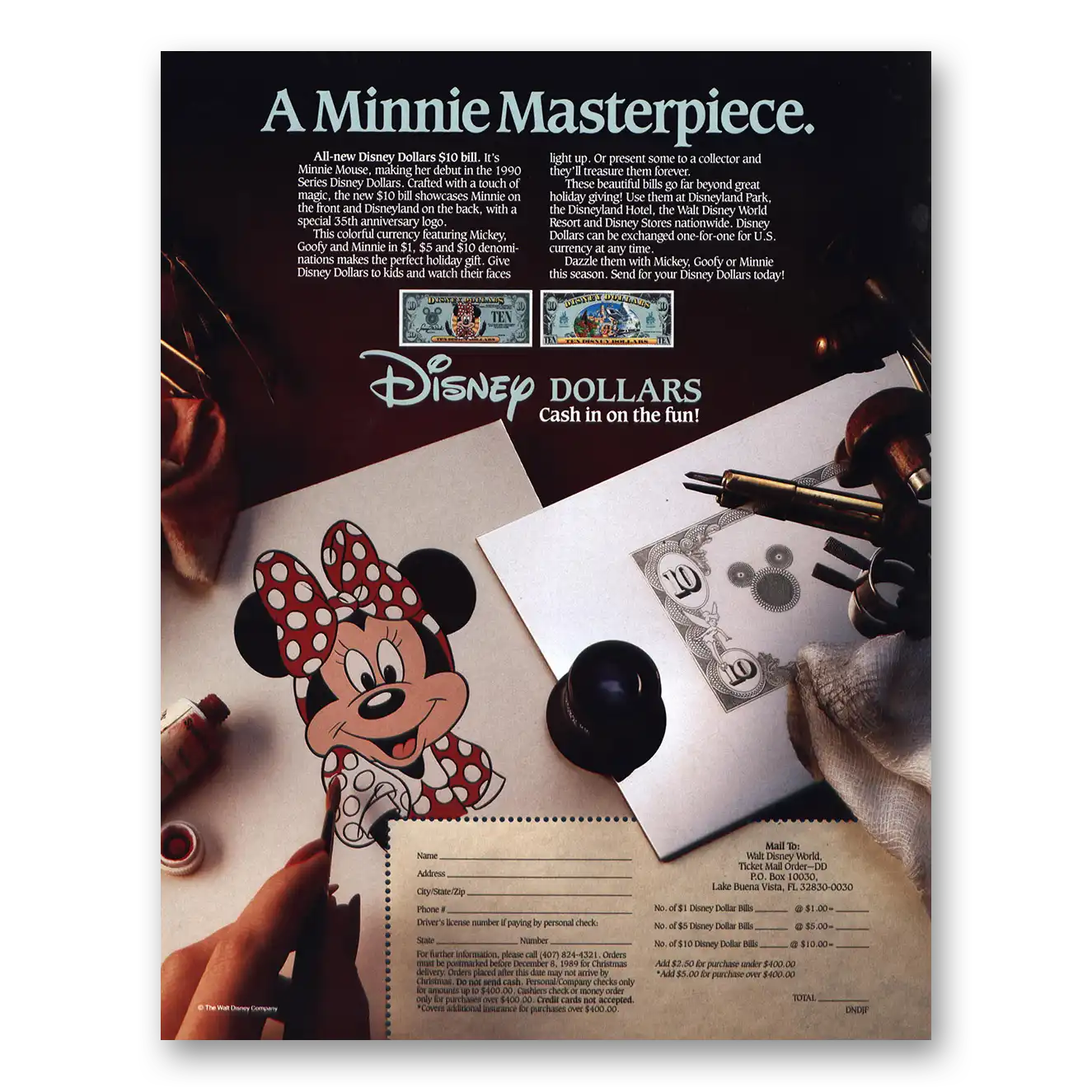 1989 Disney Dollars Minnie Masterpiece Vintage Magazine Print Ad