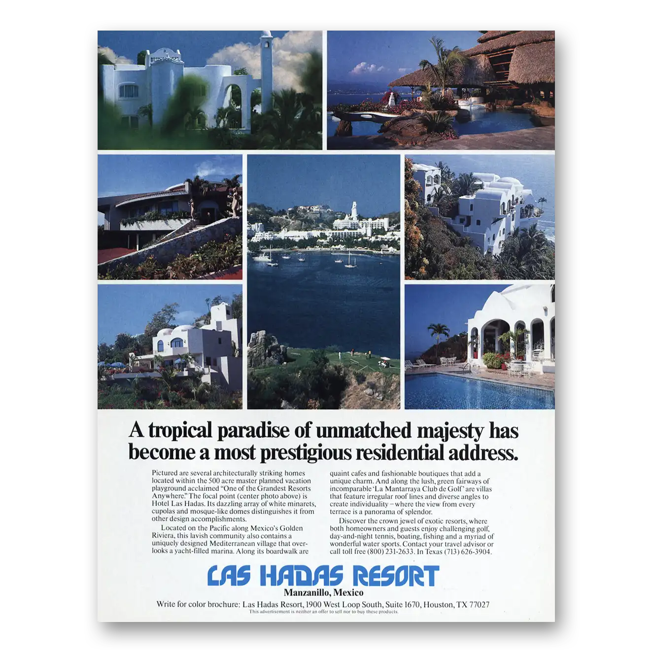 1989 Las Hadas Resort Tropical Paradise Manzanillo Mexico Vintage Magazine Print Ad