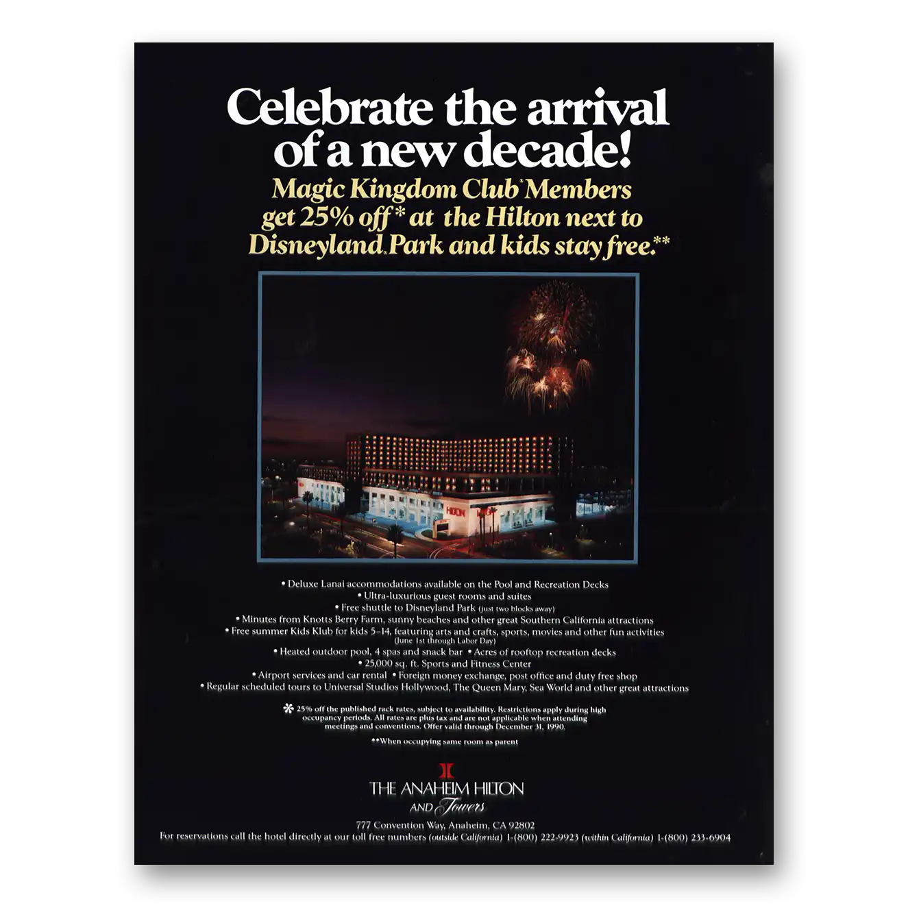 1989 Anaheim Hilton Celebrate Arrival of New Decade Vintage Magazine Print Ad