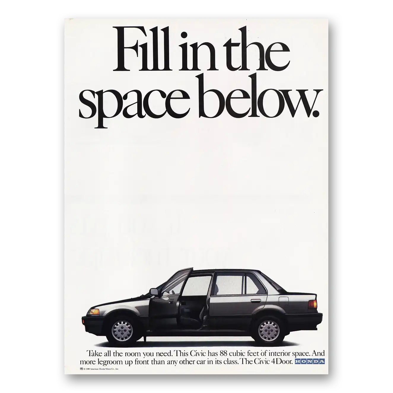 1989 Honda Civic Fill In the Space Below Vintage Magazine Print Ad