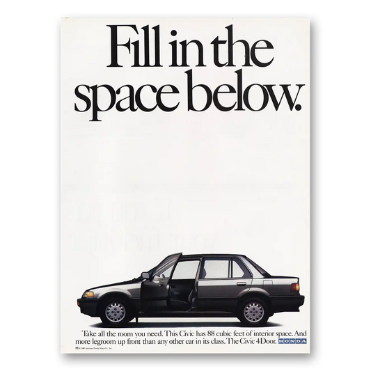 1989 Honda Civic Fill In the Space Below Vintage Magazine Print Ad