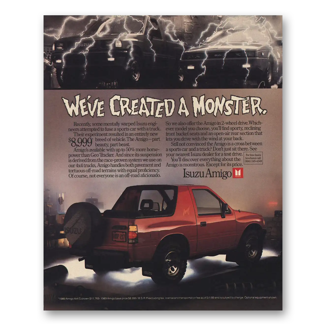 1989 Isuzu Amigo Created a Monster Vintage Magazine Print Ad