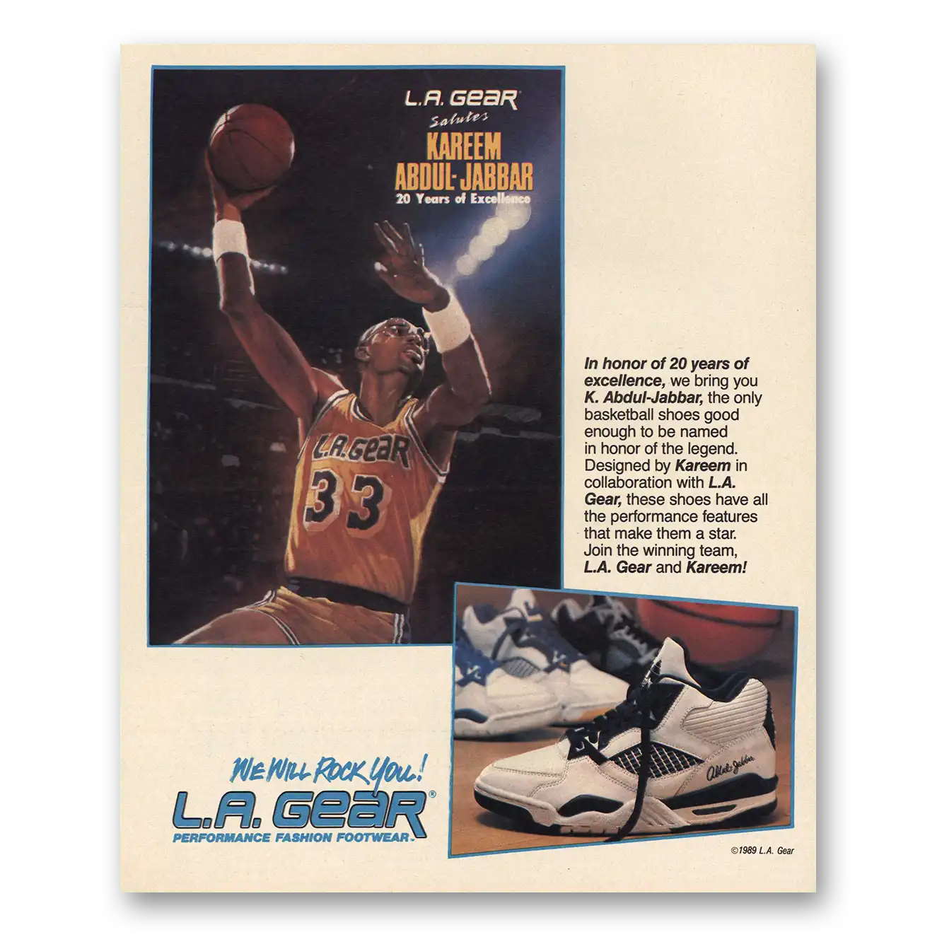 1989 LA Gear Shoes Salutes Kareem Abdul Jabbar Vintage Magazine Print Ad