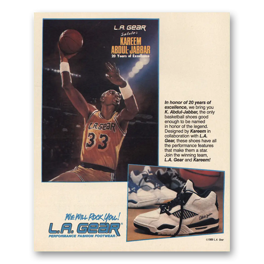 1989 LA Gear Shoes Salutes Kareem Abdul Jabbar Vintage Magazine Print Ad