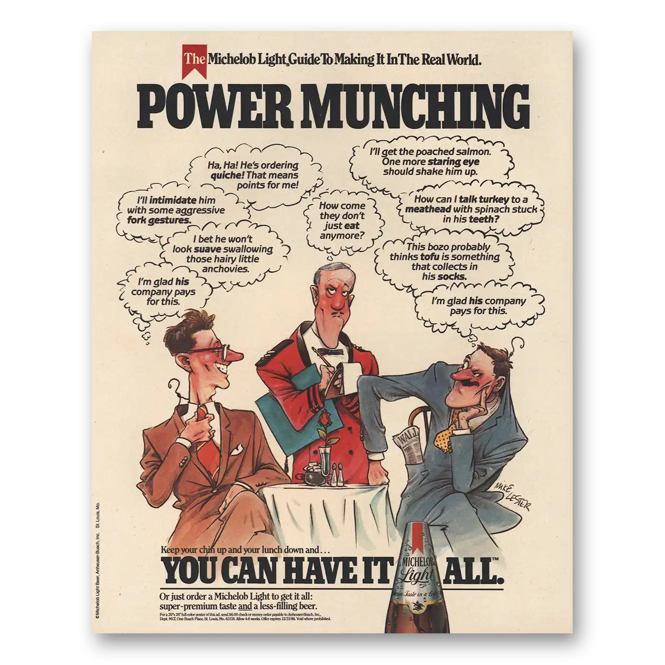 1986 Michelob Beer Light Power Munching Vintage Magazine Print Ad