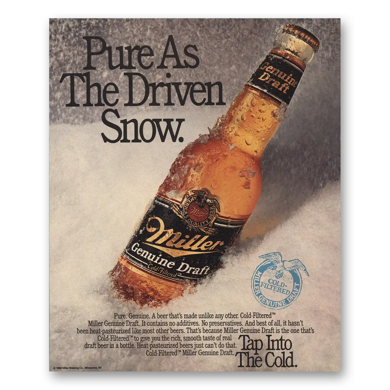 1989 Miller Beer Pure As Driven Snow Vintage Magazine Print Ad