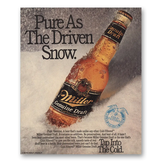 1989 Miller Beer Pure As Driven Snow Vintage Magazine Print Ad