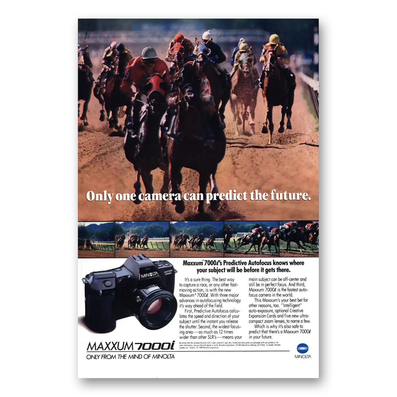 1989 Minolta Camera Racetrack Predict the Future Vintage Magazine Print Ad