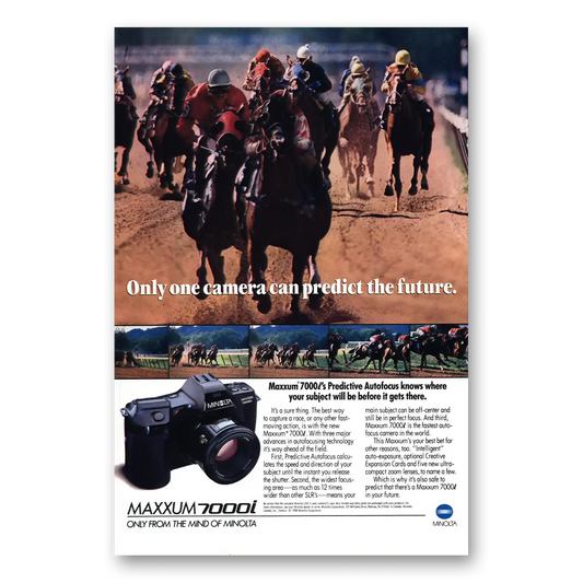 1989 Minolta Camera Racetrack Predict the Future Vintage Magazine Print Ad