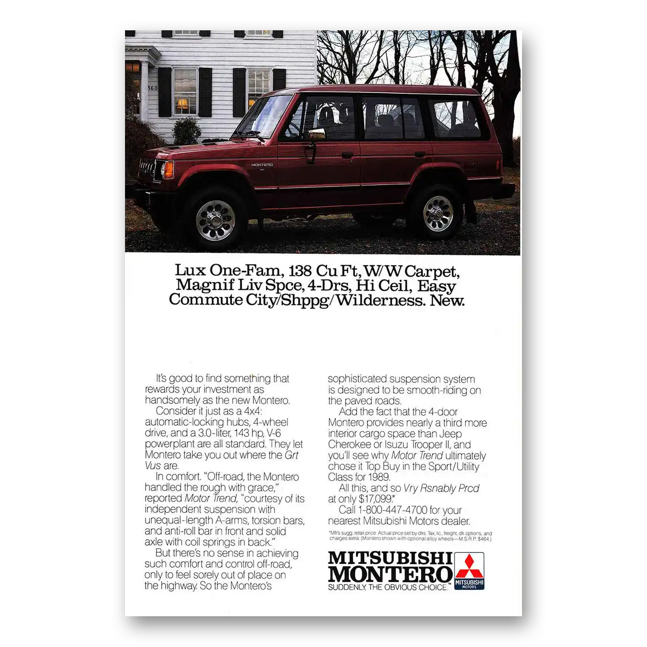 1989 Mitsubishi Montero Lux One Fam Vintage Magazine Print Ad