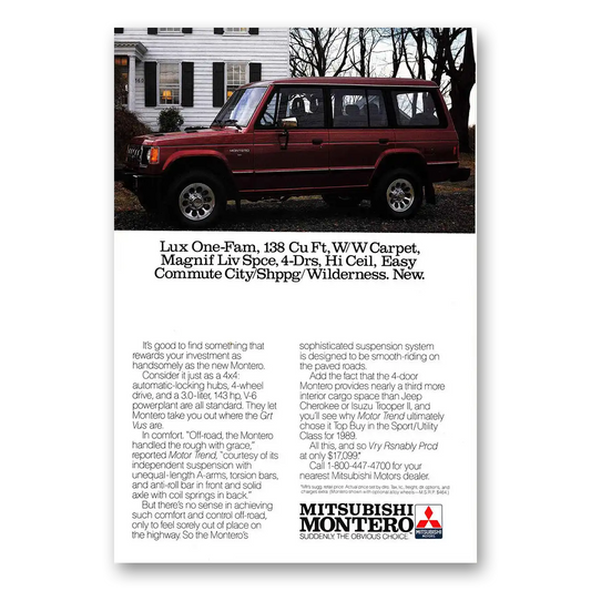 1989 Mitsubishi Montero Lux One Fam Vintage Magazine Print Ad