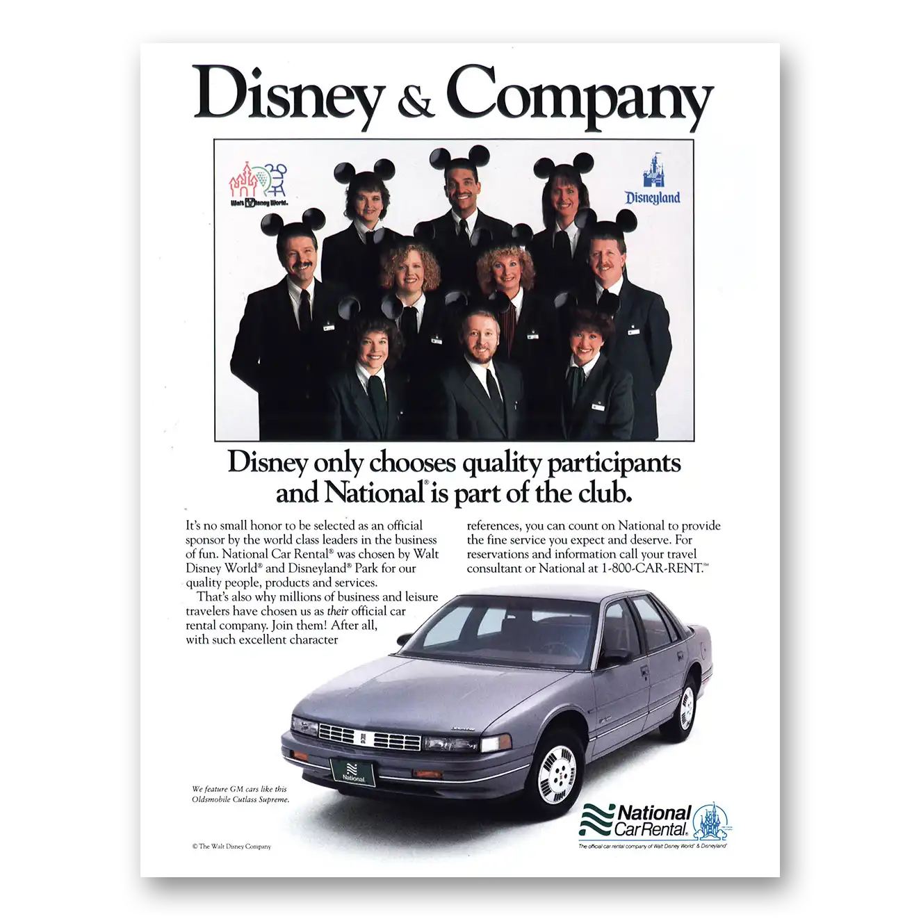 1989 National Car Rental Disney & Company Vintage Magazine Print Ad