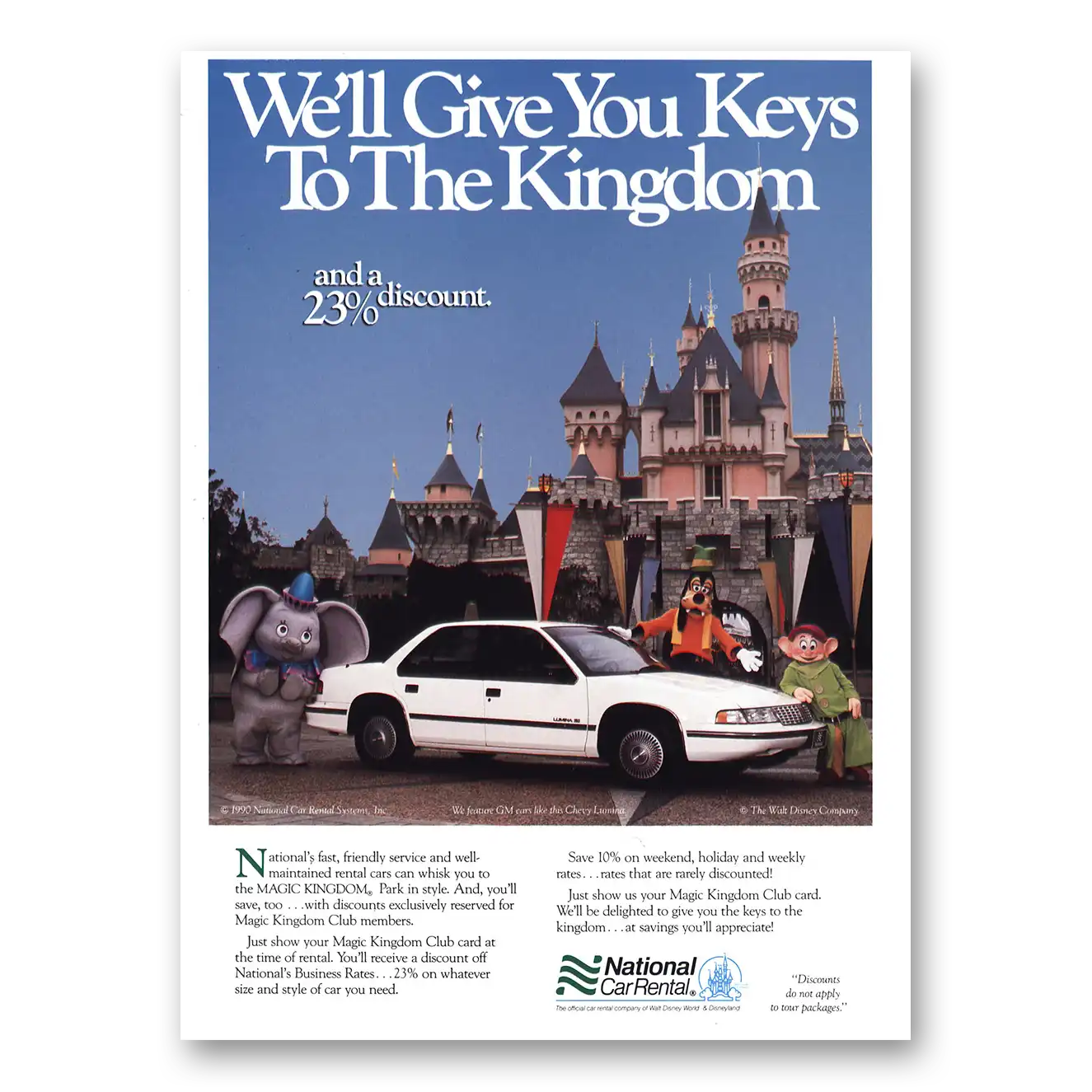 1989 National Car Rental Keys to Kingdom Disney Vintage Magazine Print Ad