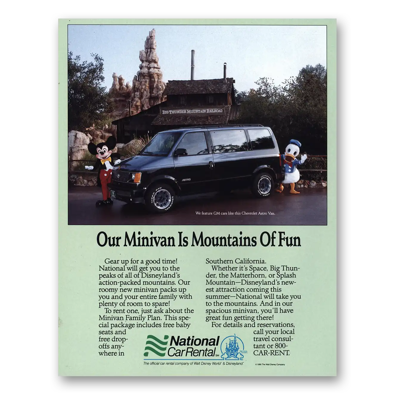 1989 National Car Rental Mountains of Fun Disneyland Vintage Magazine Print Ad