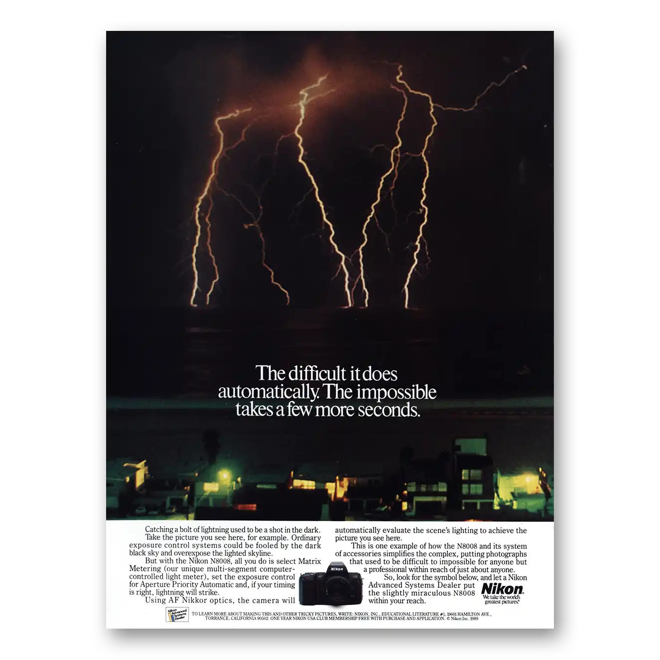 1989 Nikon Camera Difficult It Does Automatically Vintage Magazine Print Ad