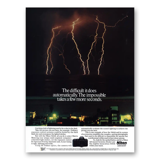 1989 Nikon Camera Difficult It Does Automatically Vintage Magazine Print Ad