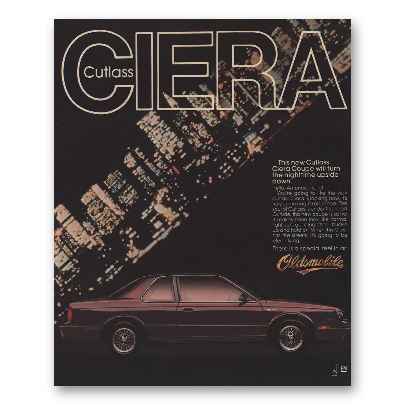 1986 Oldsmobile Cutlass Ciera Turn Nighttime Upside Down Vintage Magazine Print Ad