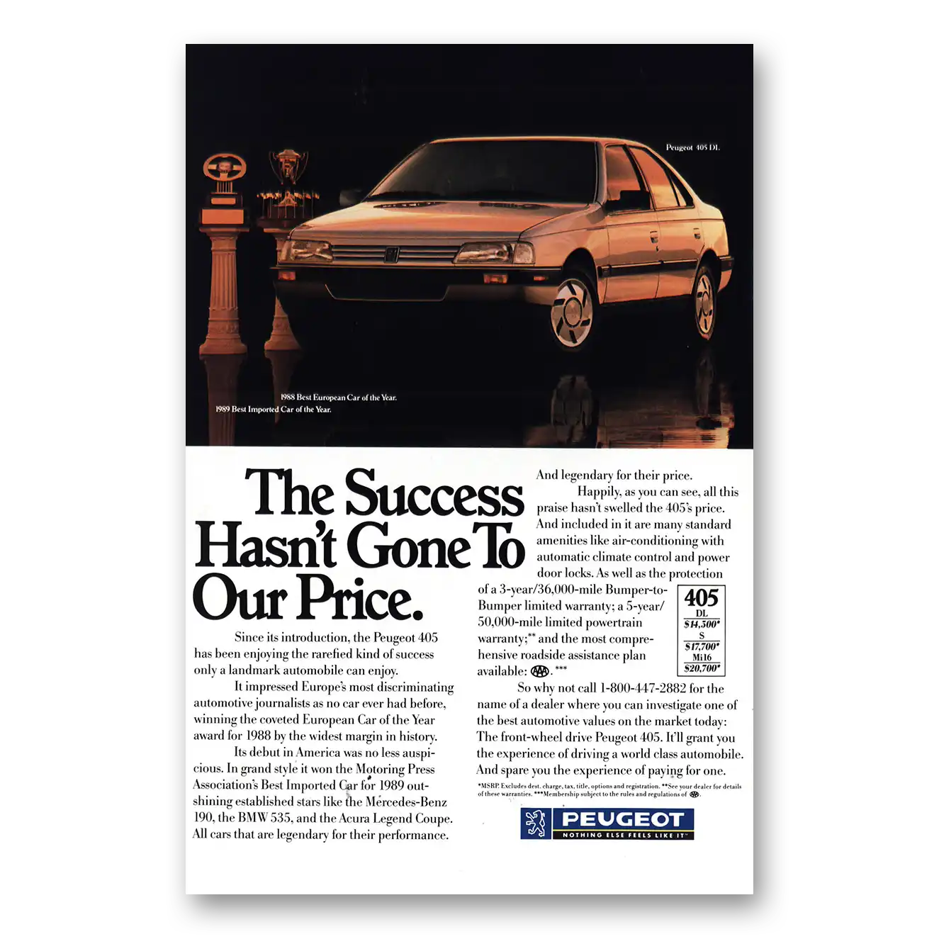 1989 Peugeot 405 Success Hasn't Gone To Our Price Vintage Magazine Print Ad