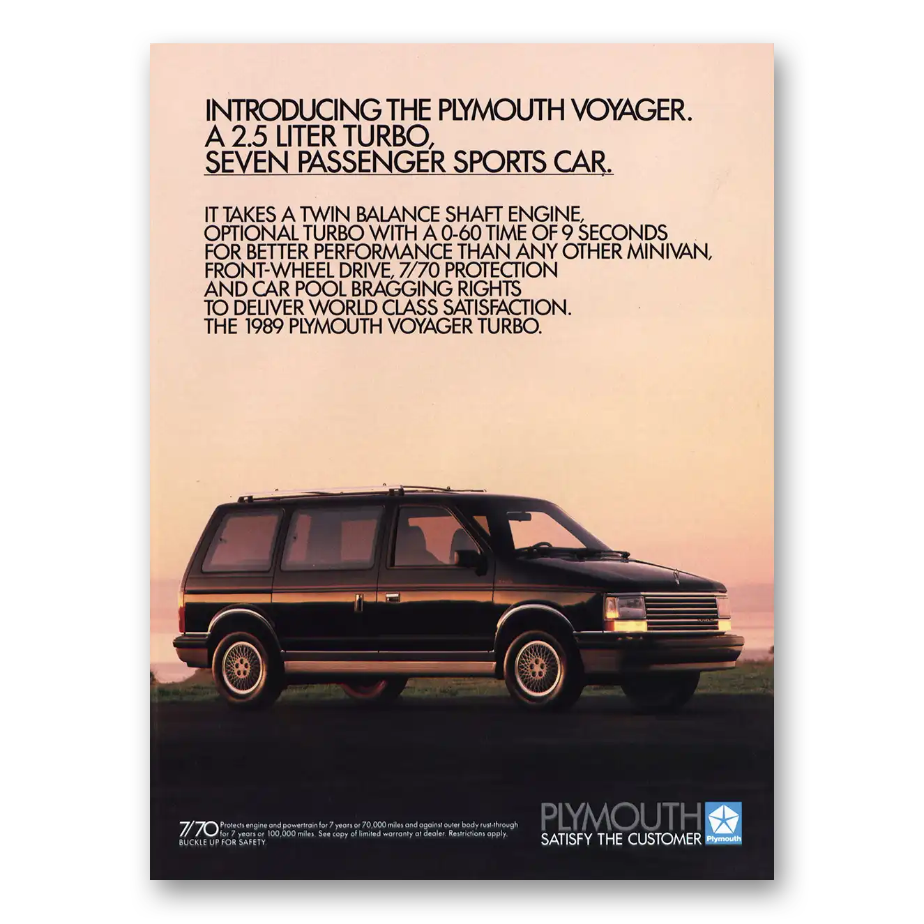 1989 Plymouth Voyager Seven Passenger Sports Car Vintage Magazine Print Ad