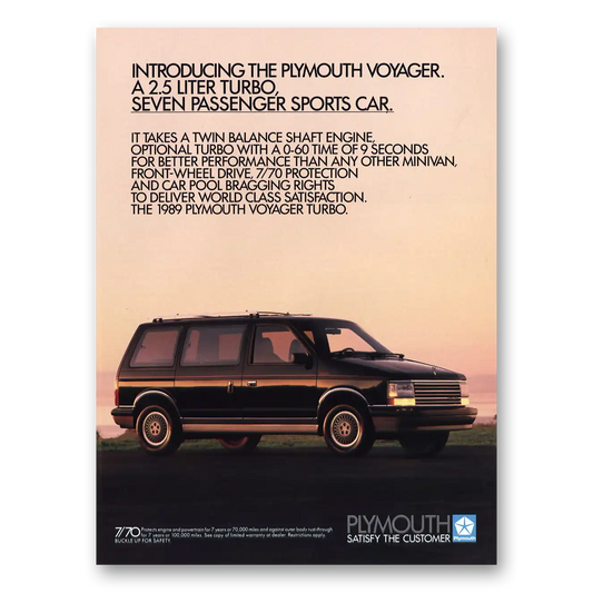 1989 Plymouth Voyager Seven Passenger Sports Car Vintage Magazine Print Ad