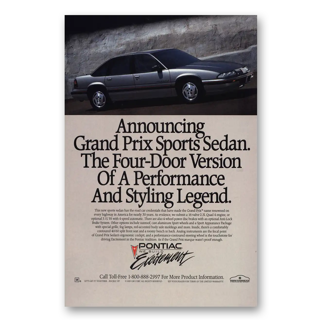 1989 Pontiac Grand Prix Four Door Version of Performance Styling Legend Vintage Magazine Print Ad