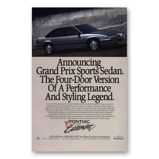 1989 Pontiac Grand Prix Four Door Version of Performance Styling Legend Vintage Magazine Print Ad