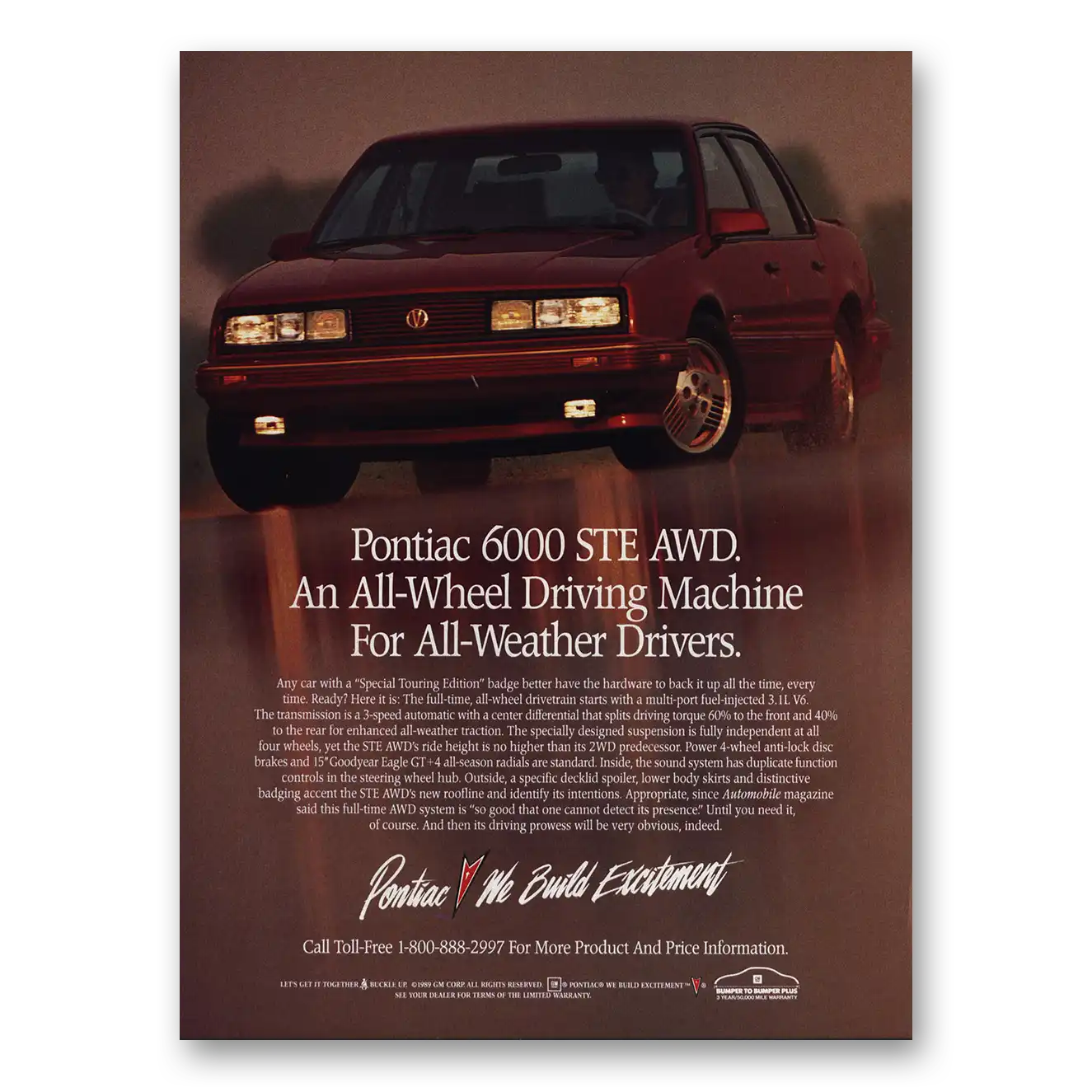 1989 Pontiac 6000 All Wheel Driving Machine Vintage Magazine Print Ad