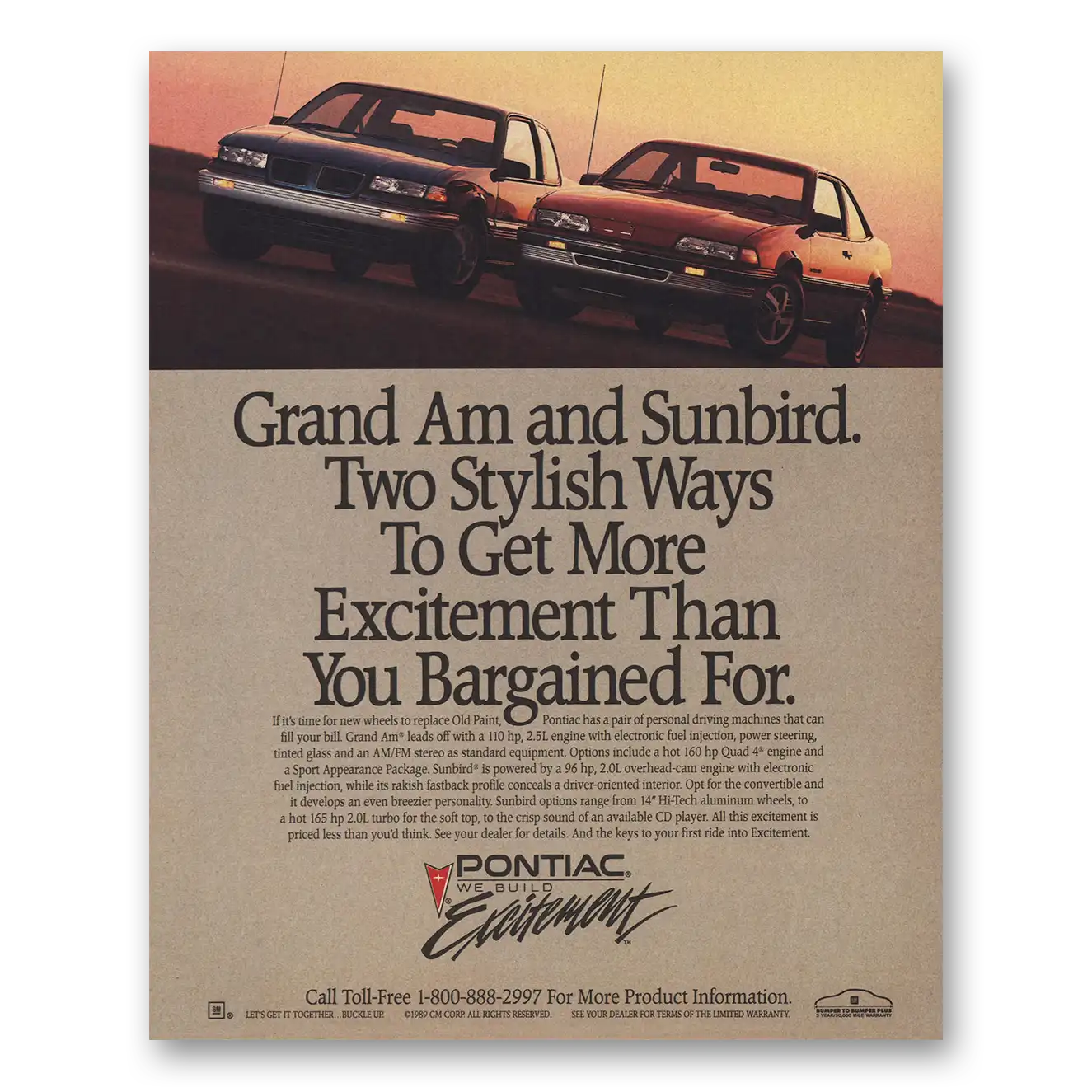 1989 Pontiac Grand Am Sunbird Two Stylish Ways Vintage Magazine Print Ad