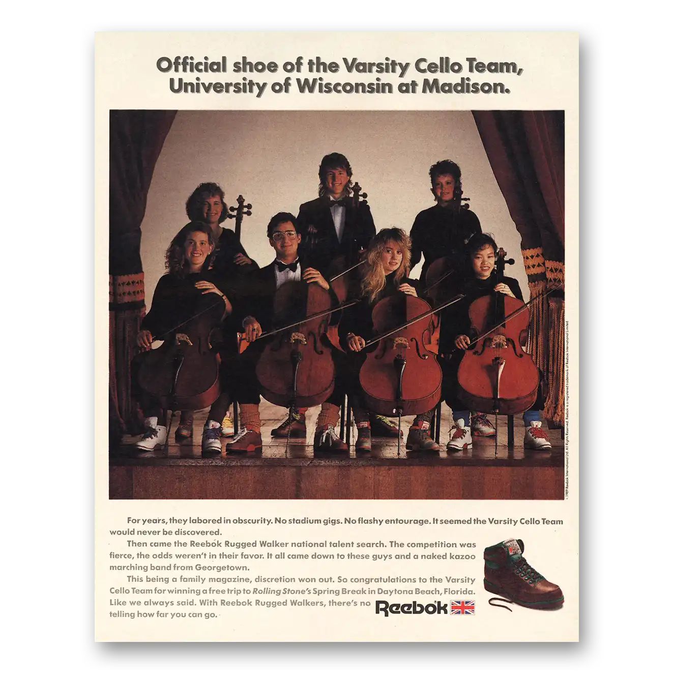 1989 Reebok Shoes University Wisconsin Madison Cello Vintage Magazine Print Ad