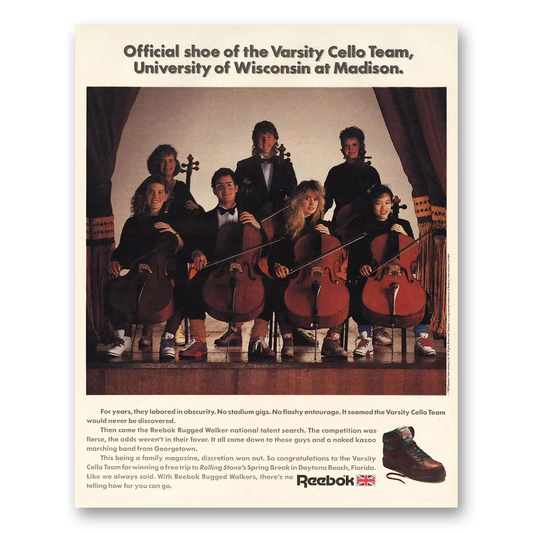 1989 Reebok Shoes University Wisconsin Madison Cello Vintage Magazine Print Ad