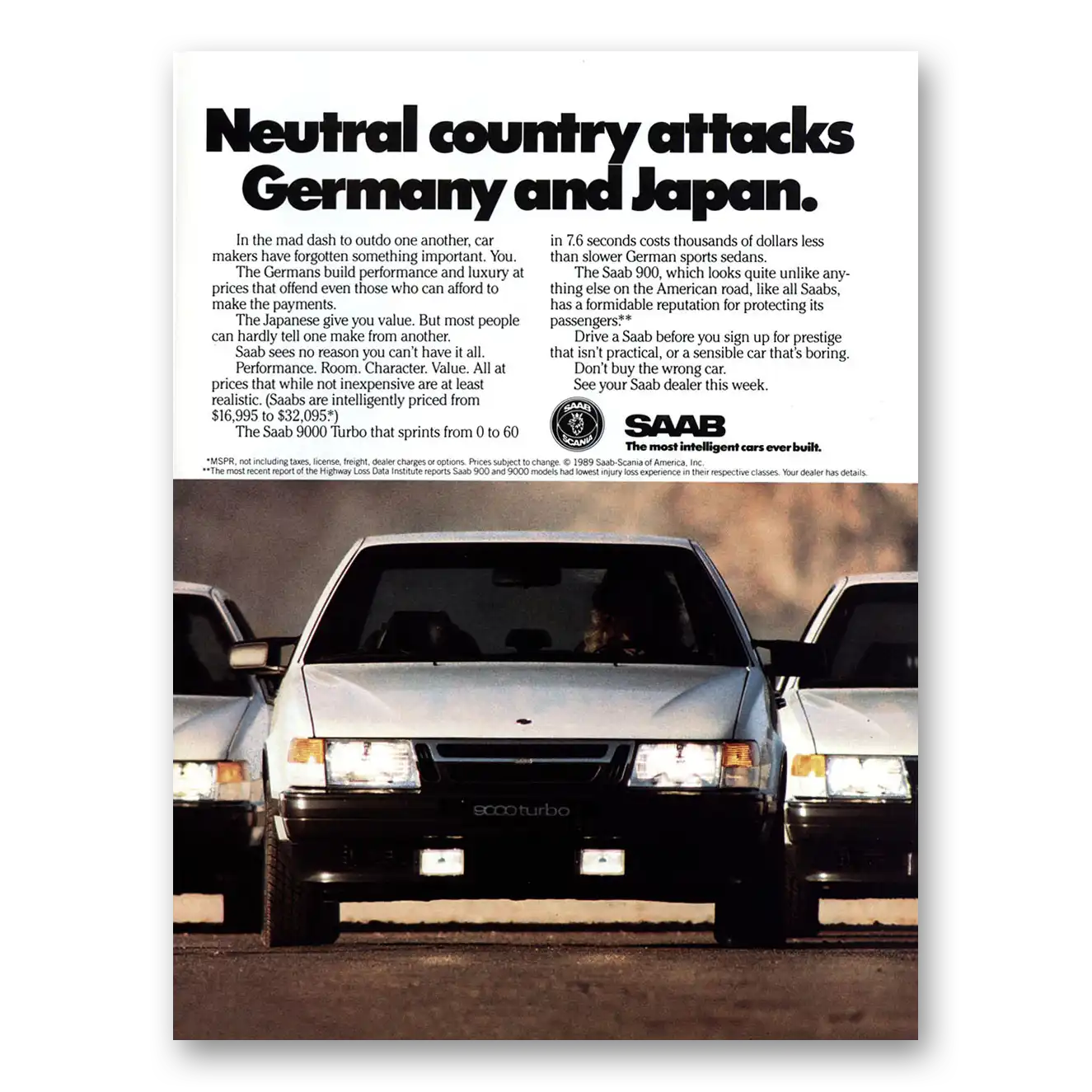 1989 Saab Neutral Country Attacks Germany Japan Vintage Magazine Print Ad