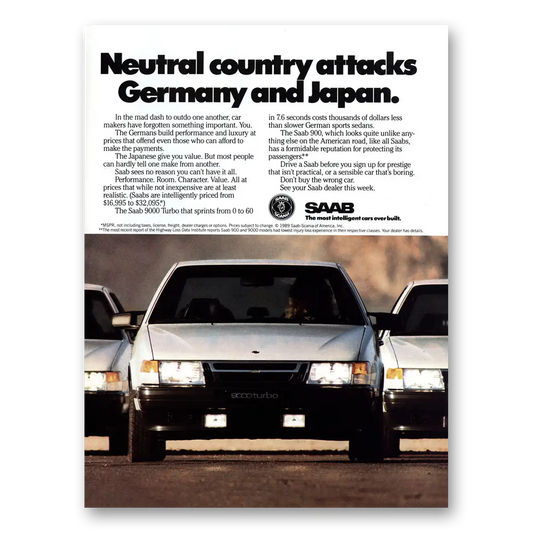 1989 Saab Neutral Country Attacks Germany Japan Vintage Magazine Print Ad