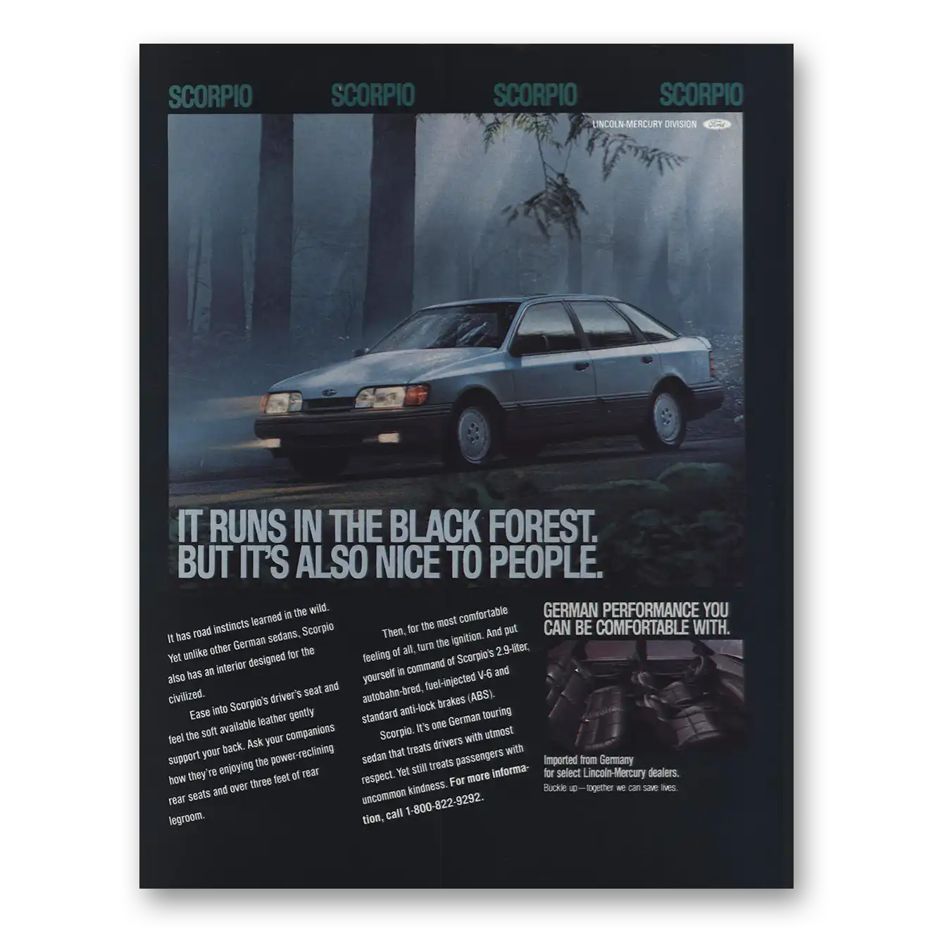 1989 Lincoln Scorpio Runs in the Black Forest Vintage Magazine Print Ad