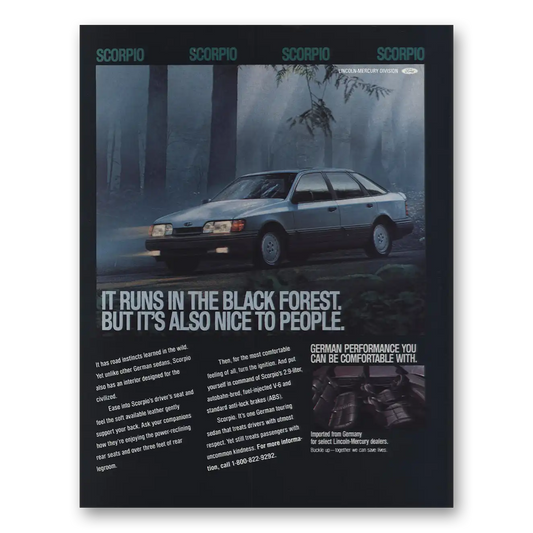 1989 Lincoln Scorpio Runs in the Black Forest Vintage Magazine Print Ad