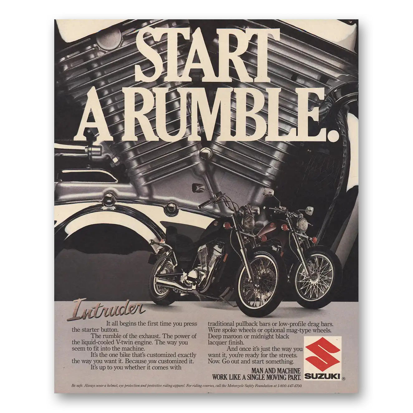 1986 Suzuki Motorcycles Start a Rumble Vintage Magazine Print Ad