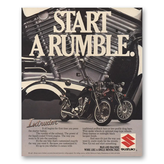 1986 Suzuki Motorcycles Start a Rumble Vintage Magazine Print Ad