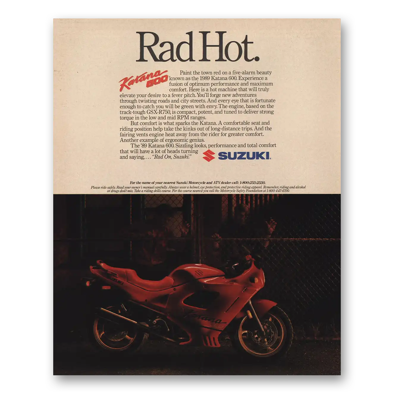 1989 Suzuki Motorcycles Katana 600 Rad Hot Vintage Magazine Print Ad