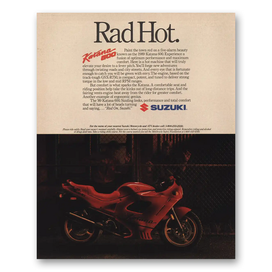 1989 Suzuki Motorcycles Katana 600 Rad Hot Vintage Magazine Print Ad