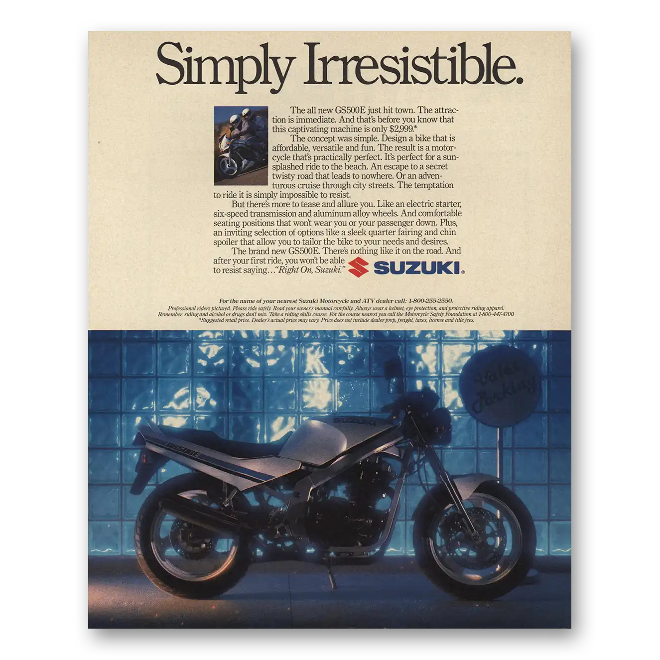 1989 Suzuki Motorcycles GS500E Simply Irresistible Vintage Magazine Print Ad