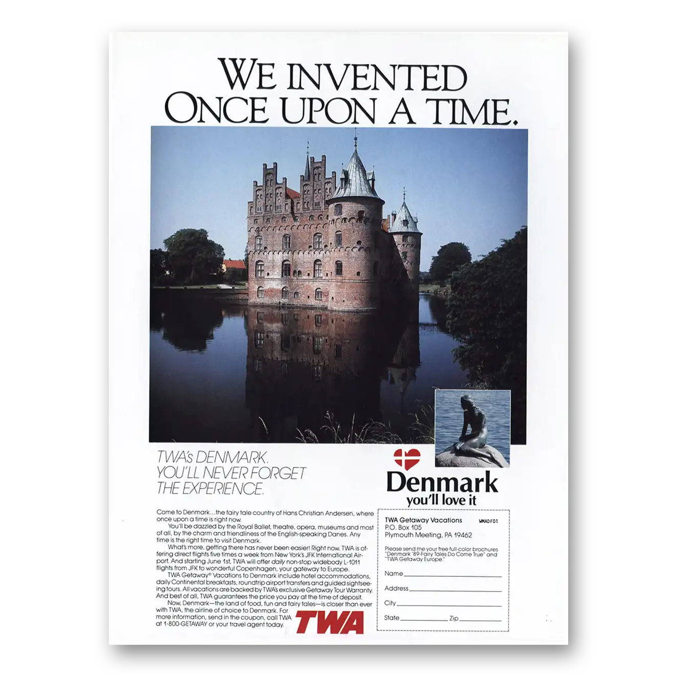 1989 TWA Airlines Invented a Once Upon a Time Denmark Vintage Magazine Print Ad